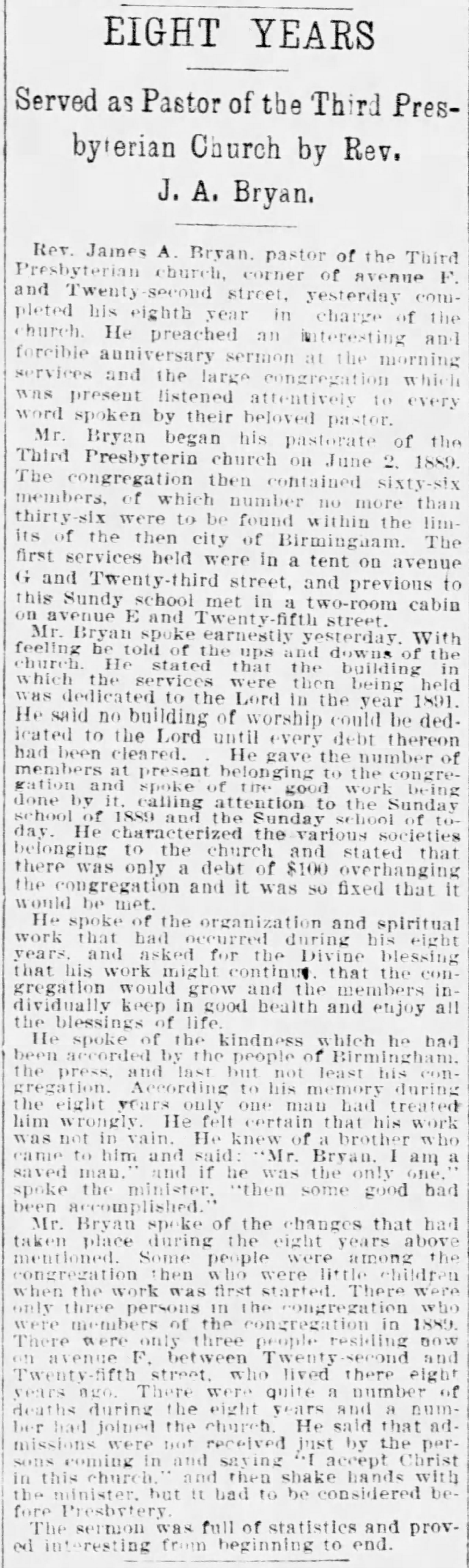Eight Years Served as Pastor of the Third Presbyterian Church By J.A. Bryan